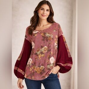 Free People Flower Patch Top Med Balloon Sleeve Moroccan Spice Waffle Oversized